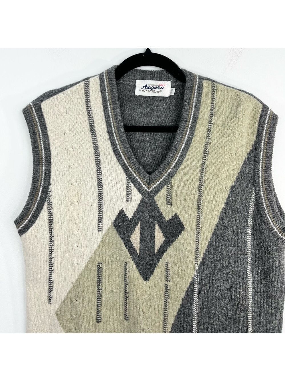Vintage 80s oversized boxy wooly abstract argyle v neck pull over grandpa vest - Picture 6 of 12